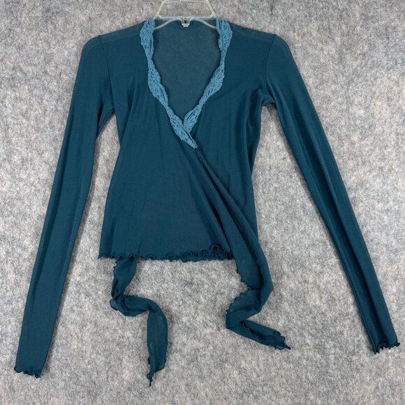 Only Hearts Tops - Vintage Y2K Only Hearts Top Lace Trim Blue Wrap Long Sleeve Size P/S